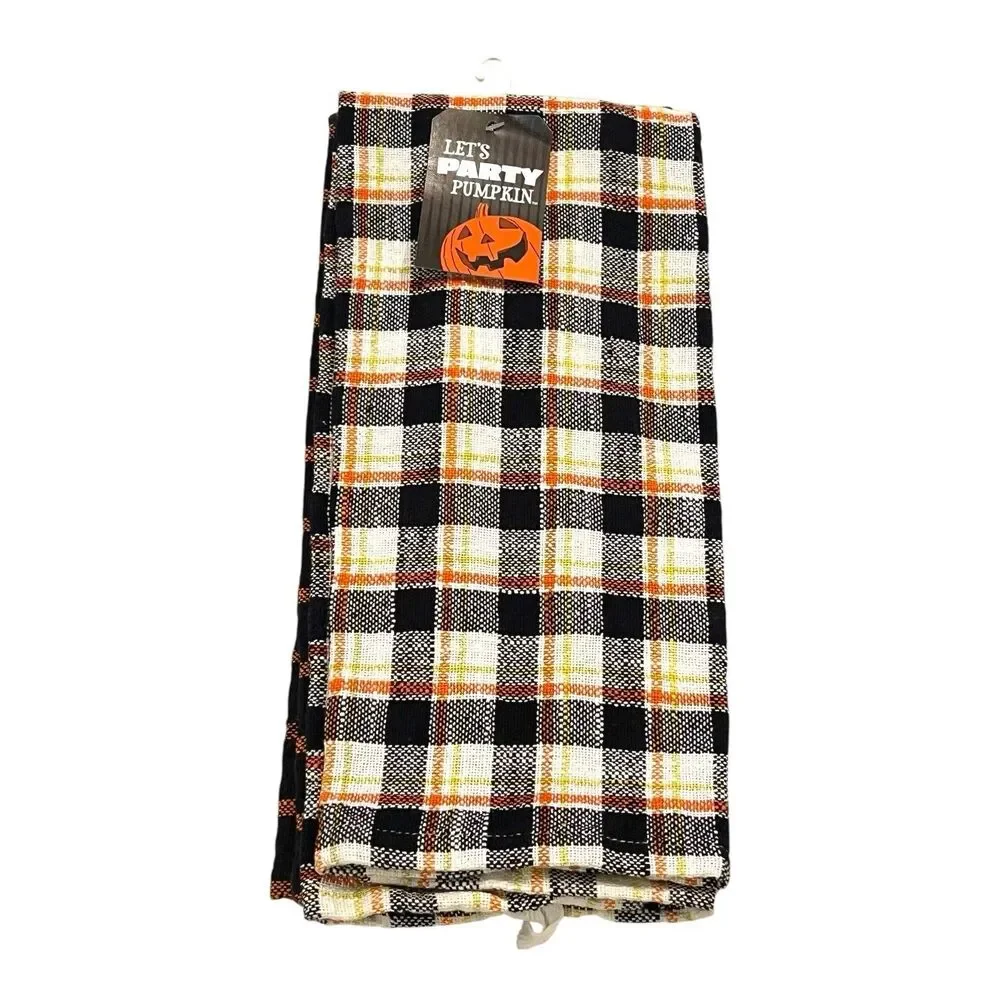 Let’s Party Pumpkin Halloween Kitchen Tea Towels (2) Black White Orange Plaid